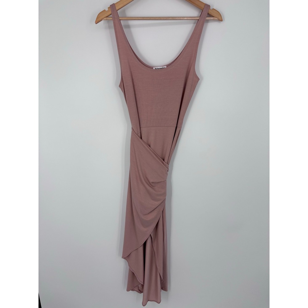 Reformation Ribbed Sleeveless Wrap Midi Dress Womens Small Mauve Pink Tulip Hem